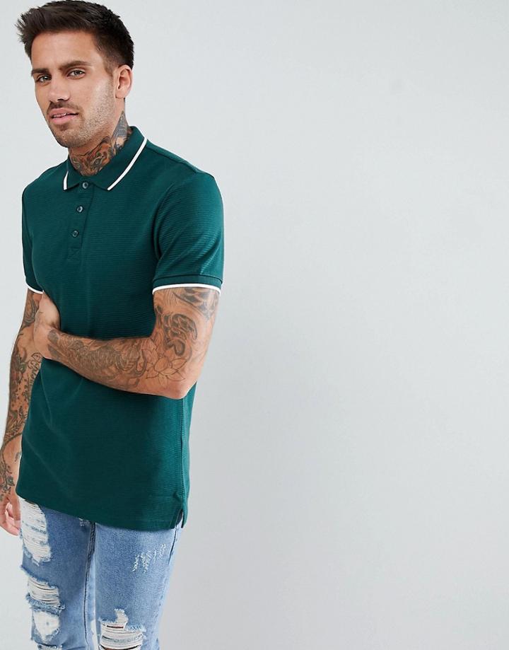 Bershka Knitted Polo Shirt In Bottle Green - White