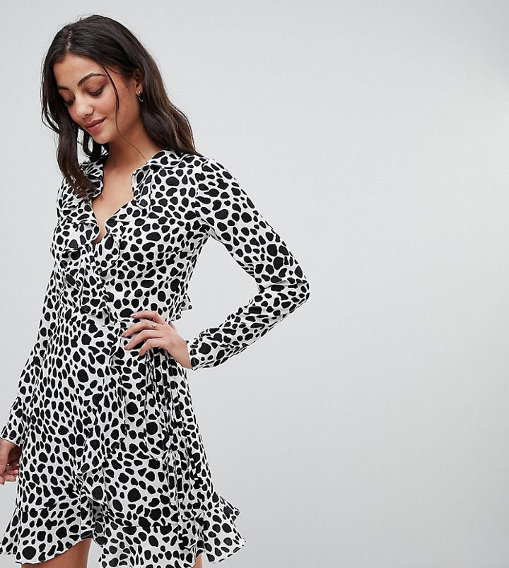 Asos Tall Mono Polka Dot Ruffle Wrap Mini Dress-multi