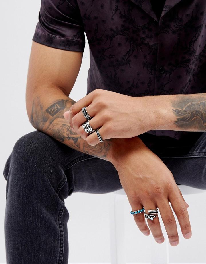 Asos Chunky Ring Pack In Burnished Silver With Turquoise Stone Design - Silver