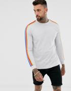 Asos Design Relaxed Long Sleeve T-shirt With Contrast Rainbow Taping In White Marl - White