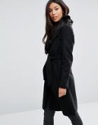 Qed London Belted Coat With Faux Fur Trim - Black