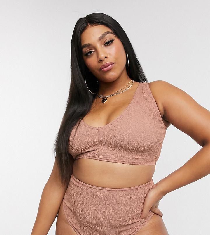 Asos Design Curve Crinkle High Waist Bikini Bottom In Rose Mink-pink