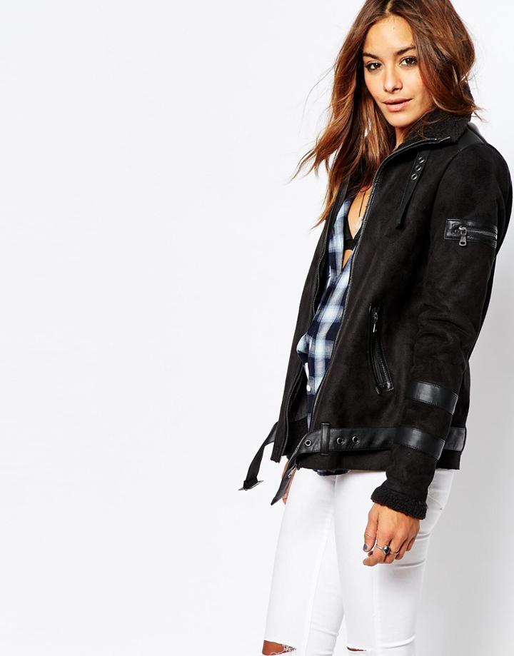 Noisy May Snow Faux Shearling Oversize Aviator Jacket - Black