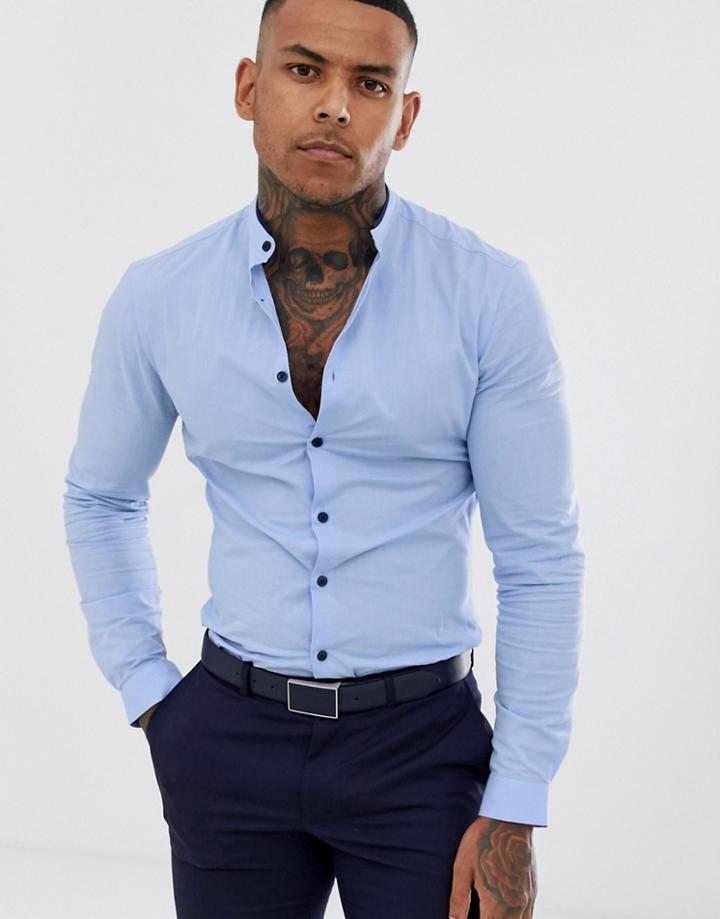 Asos Design Skinny Fit Smart Shirt With Grandad Collar & Tipping Detail In Blue - Blue