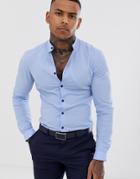 Asos Design Skinny Fit Smart Shirt With Grandad Collar & Tipping Detail In Blue - Blue
