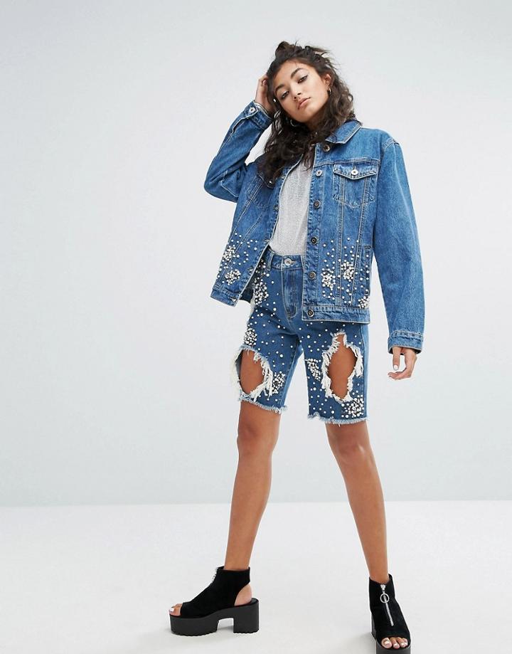 One Above Another Denim Boyfriend Shorts With All Over Embellishment Co-ord - Blue
