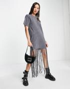 Asos Design Oversized T-shirt Dress With Fringing Hem In Charcoal-gray