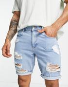 Asos Design Slim Denim Shorts With Heavy Rips In Light Wash-blue