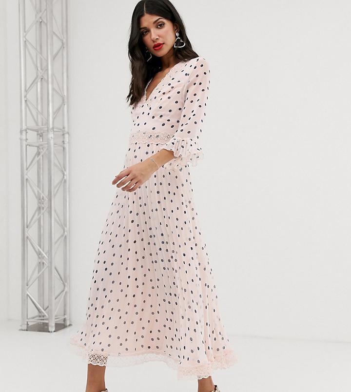 Asos Design Tall Pleated Midi Dress With Lace Inserts In Polka Dot-multi