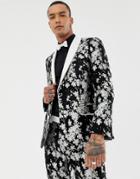 Asos Edition Slim Tuxedo Suit Jacket In Monochrome Floral Jacquard - Black