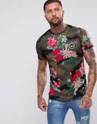 Hype Muscle T-shirt In Camo With Floral Print - Green