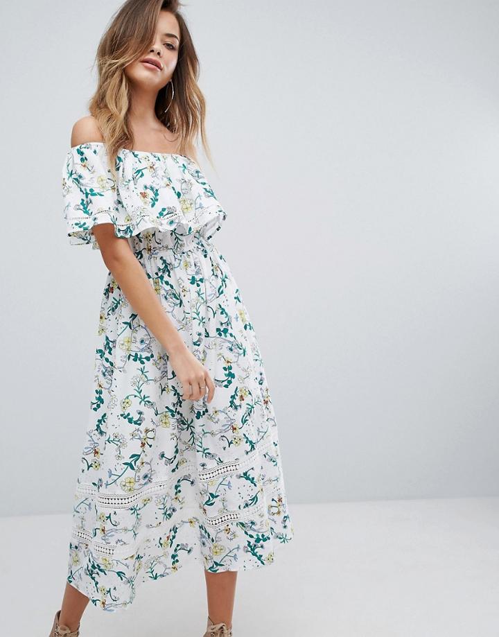 Prettylittlething Bardot Printed Midi Dress - White