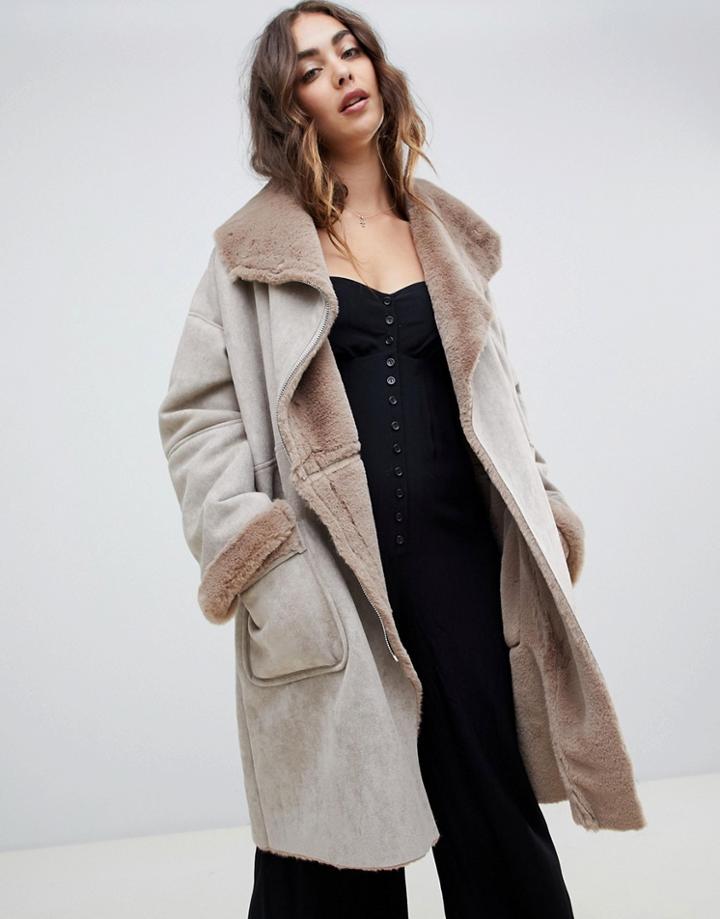 Religion Oversized Aviator Jacket With Faux Fur Collar - Beige