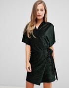Flounce London Wrap Front Velvet Kimono Mini Dress In Multi Stripe-black