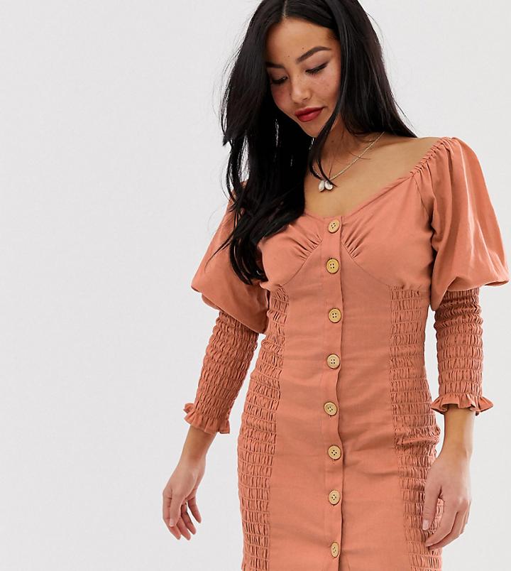 Asos Design Petite Button Through Shirred Mini Dress-pink