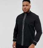 Asos Design Plus Slim Shirt With Manderin Collar With Contrast Piping - Black