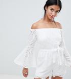 Parisian Petite Broderie Off Shoulder Romper - White