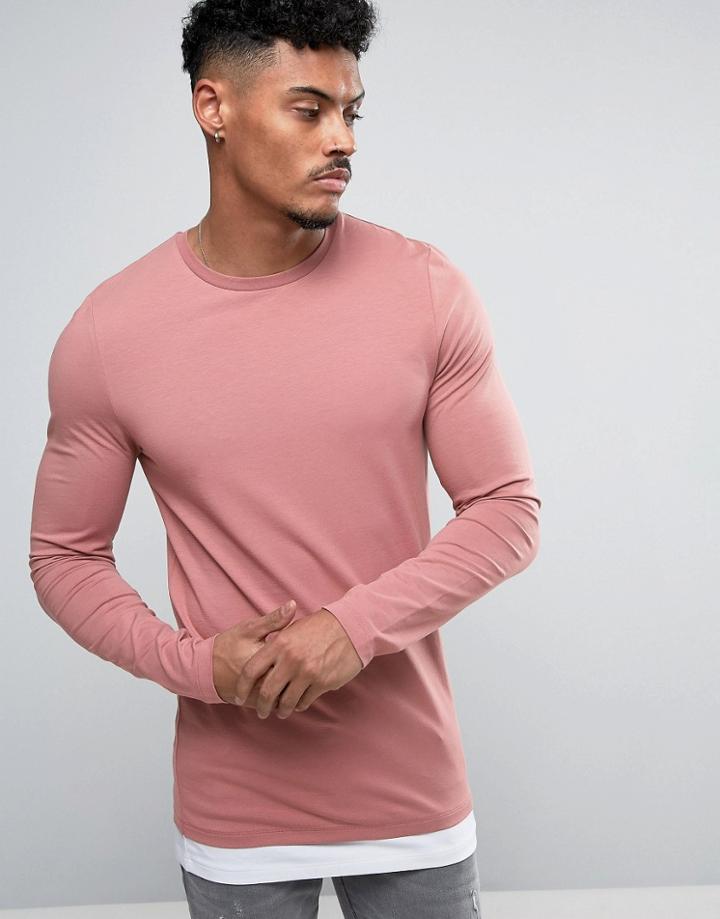 Asos Longline Muscle Long Sleeve T-shirt With Contrast Hem In Pink/white - Pink