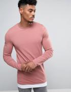 Asos Longline Muscle Long Sleeve T-shirt With Contrast Hem In Pink/white - Pink