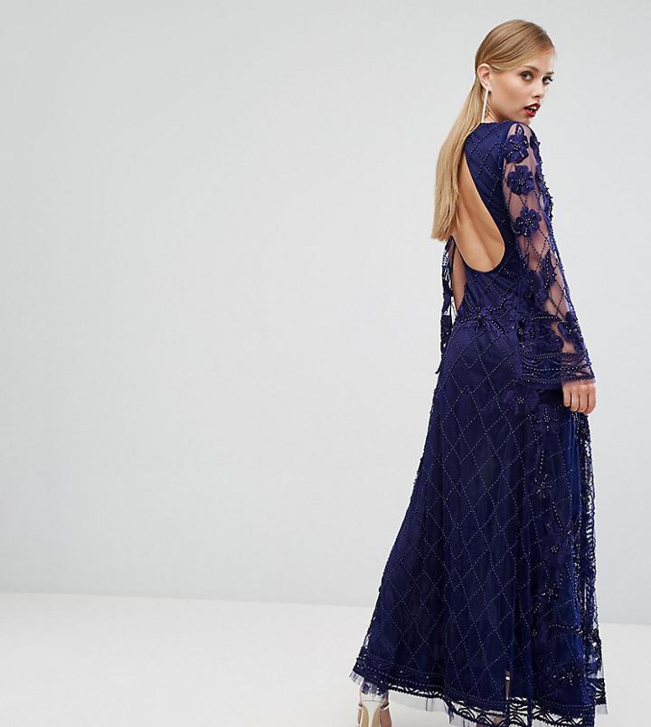 A Star Is Born Embellished Maxi Dress With Long Split Sleeve - Navy