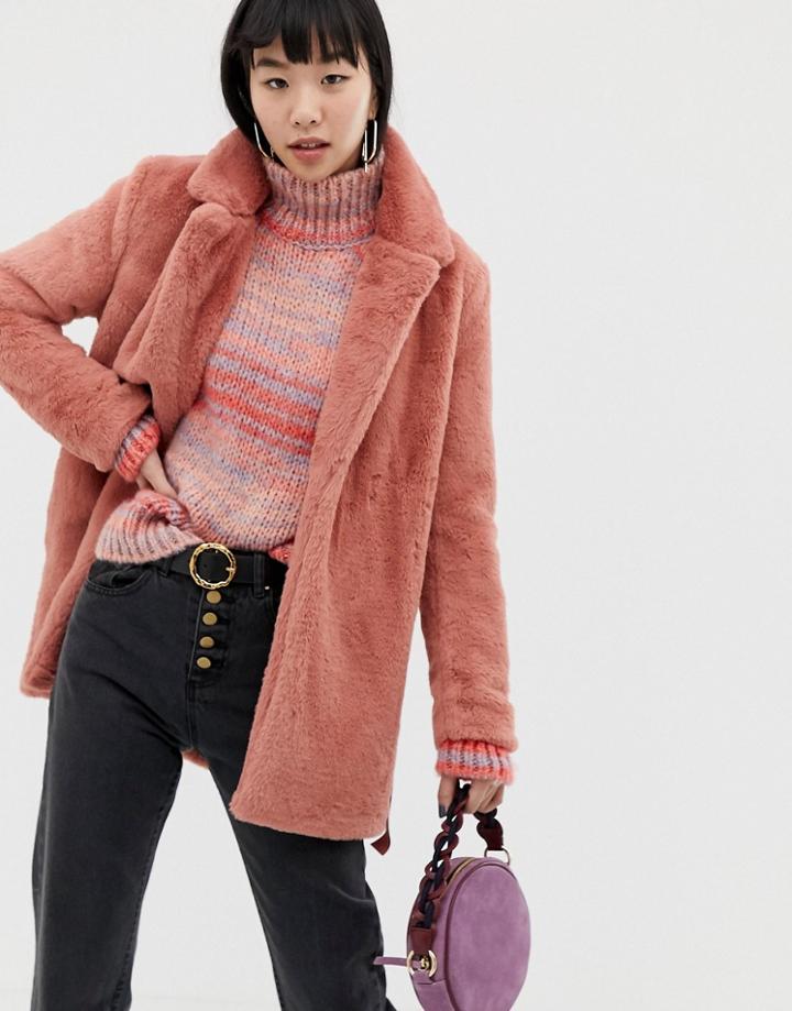 Ichi Fluffy Faux Fur Coat With Tie Detail - Pink