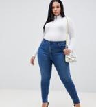 Asos Design Curve Ridley High Waisted Skinny Jeans In Dark Stone Wash With Raw Hem Detail-blue