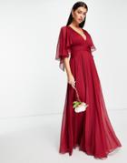 Asos Design Bridesmaid Ruched Bodice Drape Maxi Dress With Wrap Waist And Flutter Cape Sleeve In Berry-red