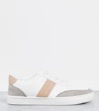 London Rebel Wide Fit Side Stripe Lace Up Sneakers In White With Beige-neutral