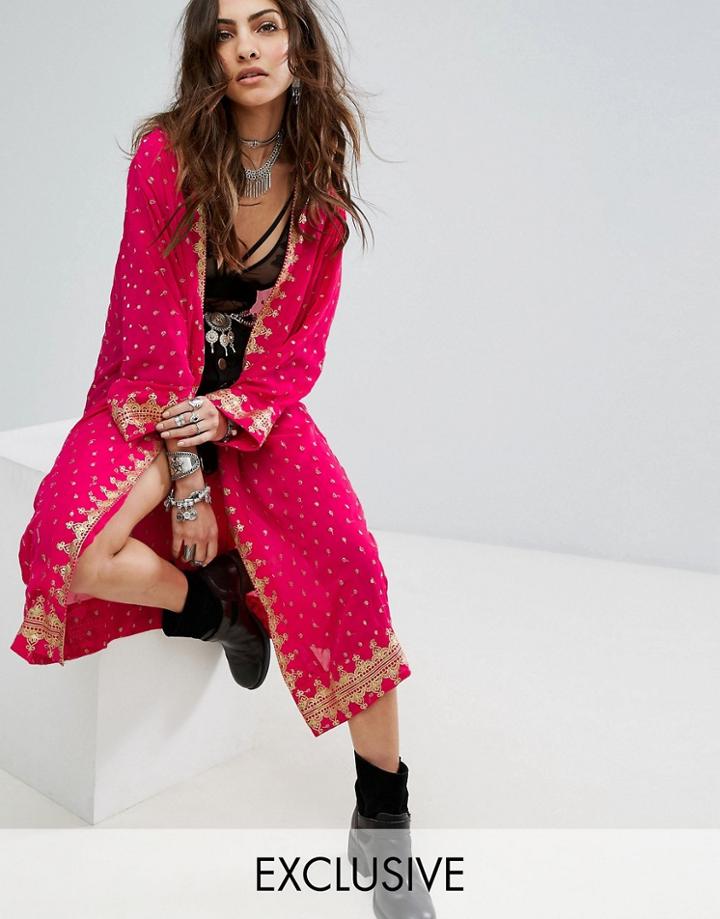 Sacred Hawk Maxi Hooded Kimono With Gold Print - Pink