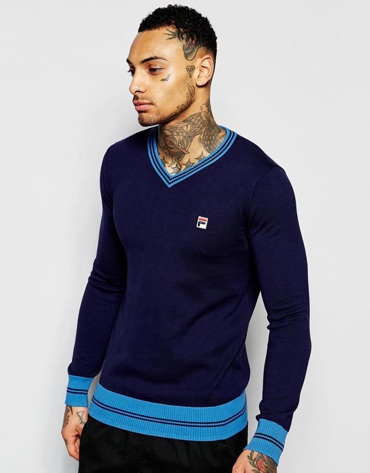 Fila Vintage Sweater With V Neck And F Box Logo - Peacoat