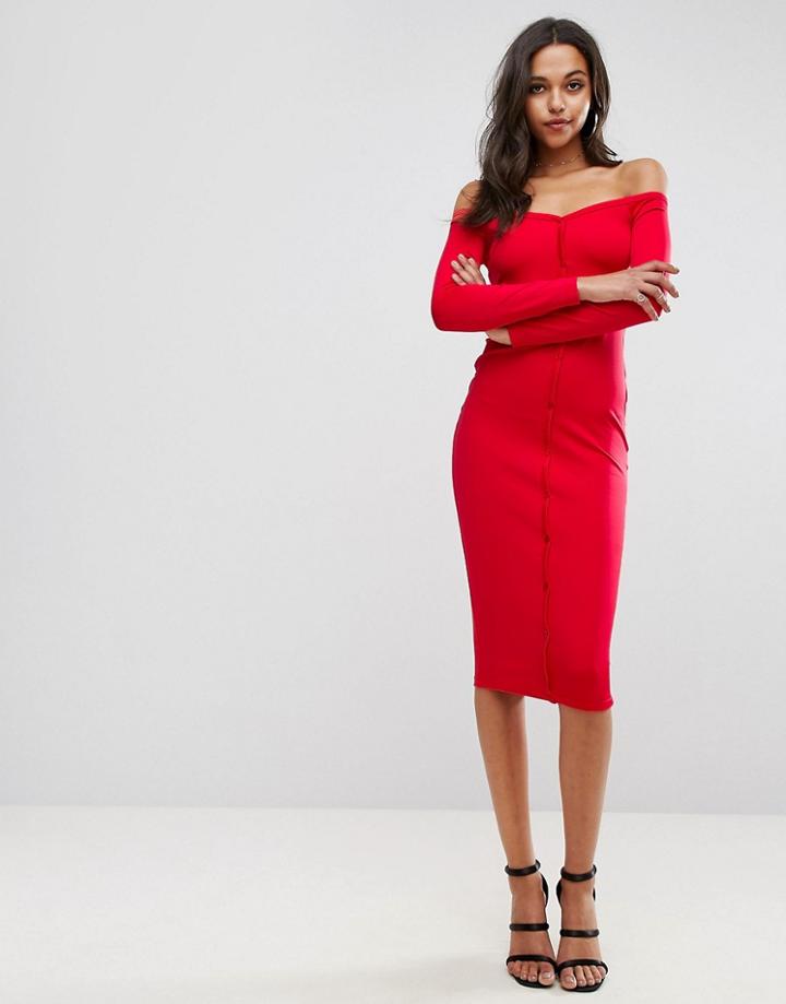 Asos Midi Sweetheart Neck Button Through Bodycon Dress - Red