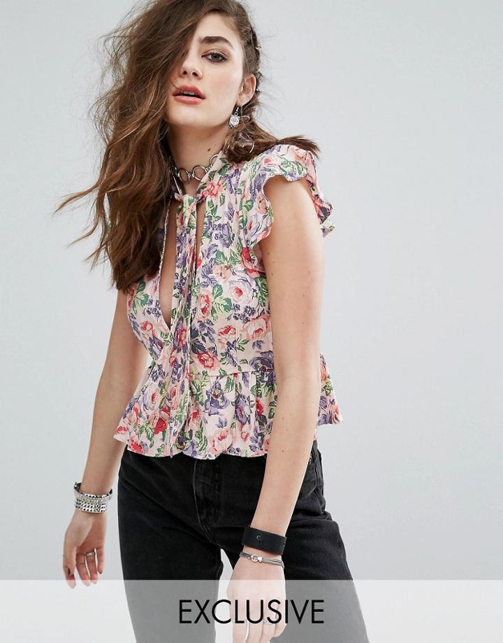 Motel Tie Neck Top In Floral With Deep V Cut Out - Multi