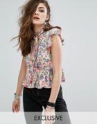 Motel Tie Neck Top In Floral With Deep V Cut Out - Multi