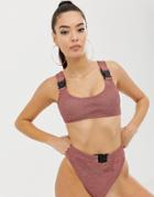 Asos Design Buckle Detail Crinkle Crop Bikini Top In Mink-pink