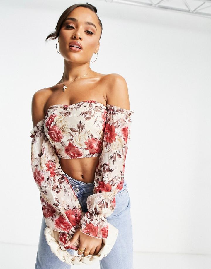Parisian Long Sleeve Bardot Top In Red Floral Print
