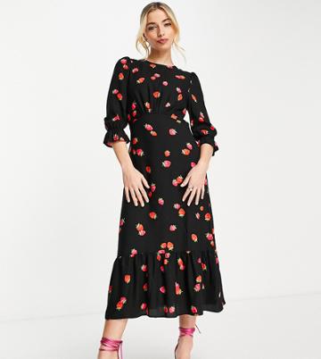 Nobody's Child Petite Long Sleeve Strawberry Print Tea Dress In Black