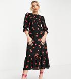 Nobody's Child Petite Long Sleeve Strawberry Print Tea Dress In Black