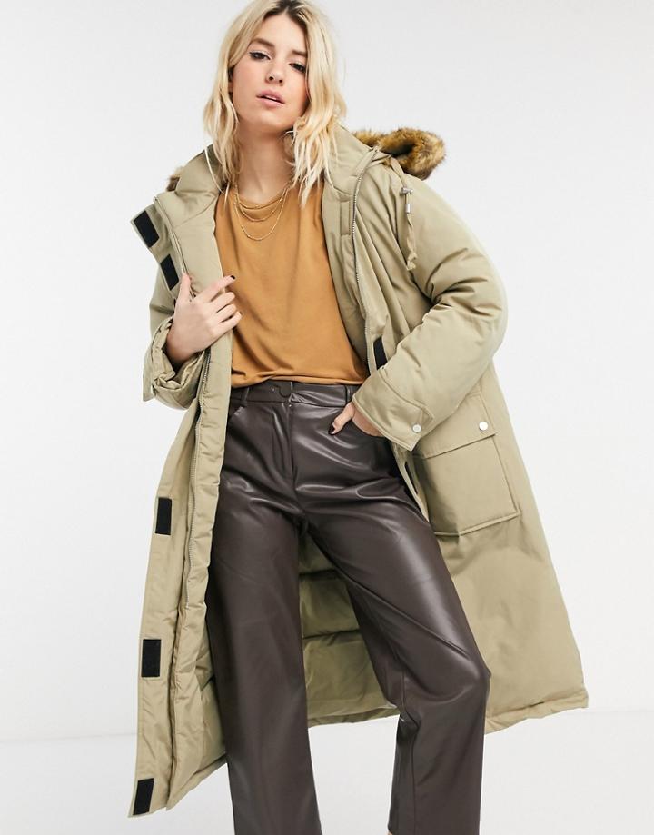 Asos Design Oversized Longline Parka In Stone-neutral
