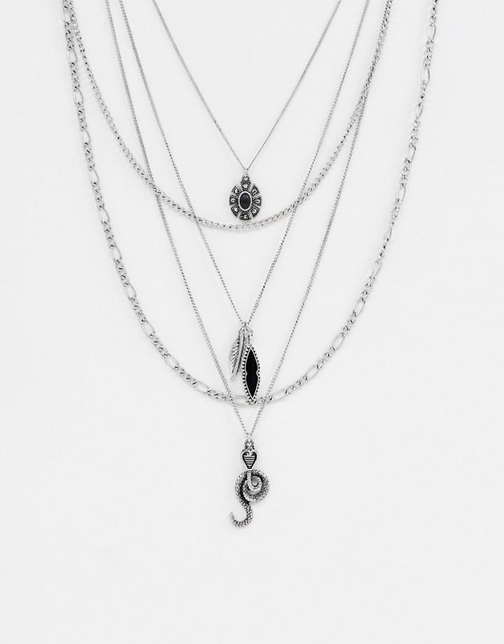 Asos Design Layered Necklace Pack With Snake In Burnished Silver Tone - Silver