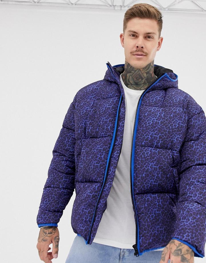 Asos Design Puffer Jacket With Leopard Print In Purple