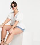 River Island Plus Puff Sleeve Wrap Peplum Top In White