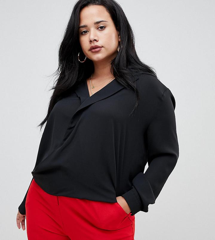 Asos Design Curve Wrap Top With Collar Detail - Black