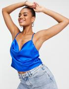 Parisian Satin Cami Strap Top With Cowl Neck In Royal Blue