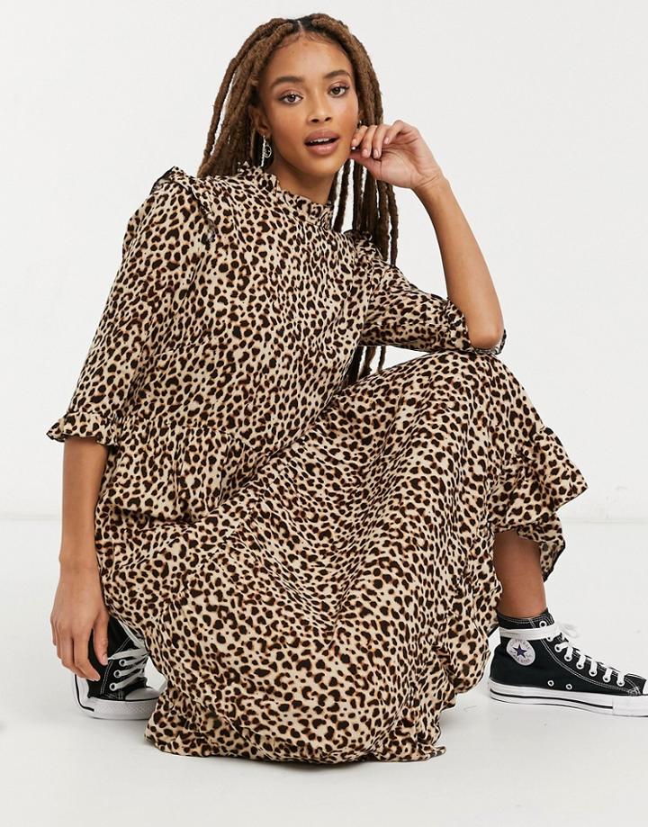 New Look Ruffle Shoulder Midi Dress In Brown Animal Pattern-multi