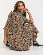 New Look Ruffle Shoulder Midi Dress In Brown Animal Pattern-multi