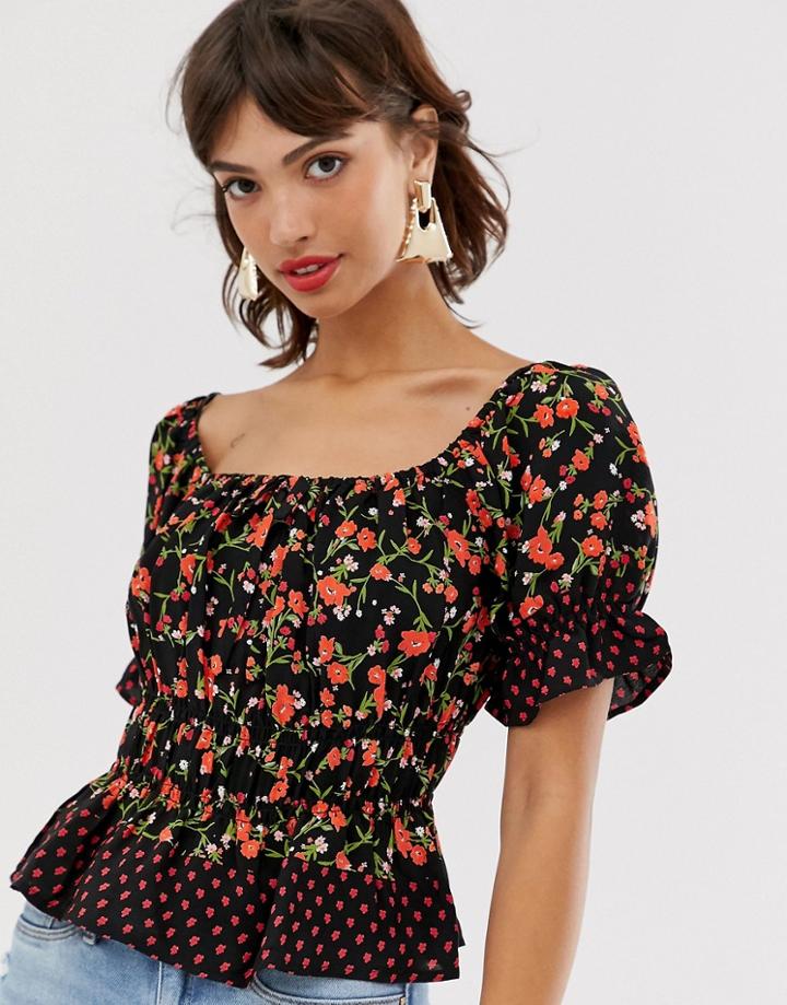 River Island Milkmaid Top In Black Floral