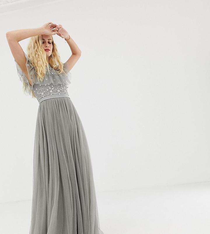 Needle & Thread Embroidered Bodice Tulle Gown In Ash Gray