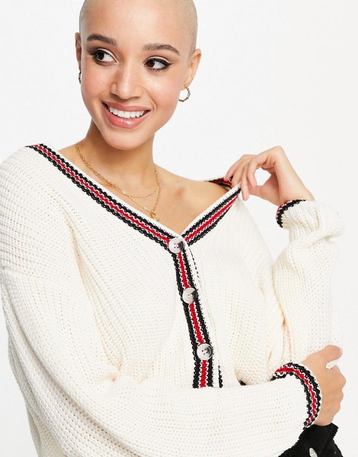 Pull & Bear Varsity Cardigan In Off White With Button Front Detail