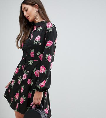 Influence Tall Floral Skater Shirt Dress - Black