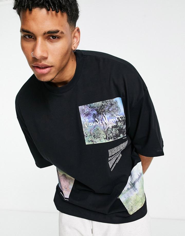 Asos Design Oversized T-shirt With Claude Monet Multi Prints In Black